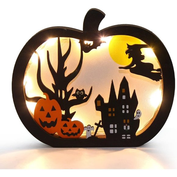 Halloween Wooden Table Sign Light Pumpkin Decoration Supply - Picture 1 of 11